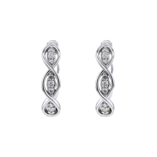 white gold hoop earrings lined with white diamond rounds and accented with infinity crossover details