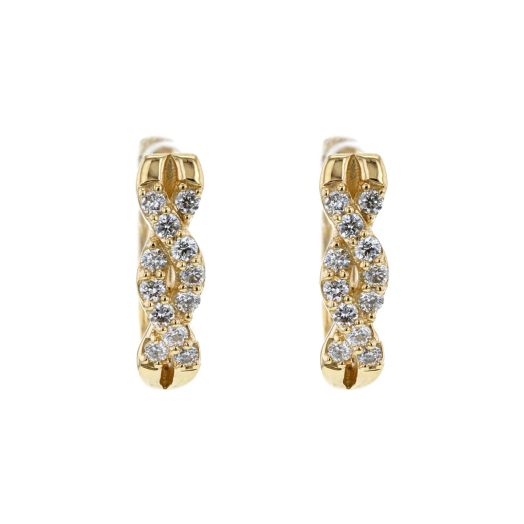 yellow gold hoop earrings with infinity twist design lined with petite white diamond rounds