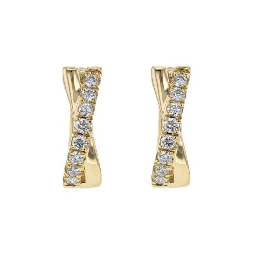 yellow gold hoop earrings with x design, one side lined with diamond rounds
