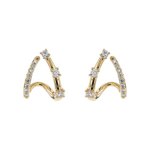 yellow gold double hoop earrings, one lined with diamonds and one featuring stationed diamond rounds