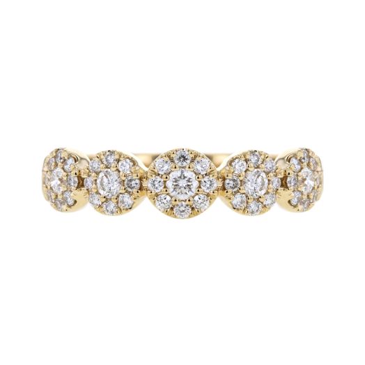yellow gold band with five diamond stations, each set in a halo of white diamond rounds