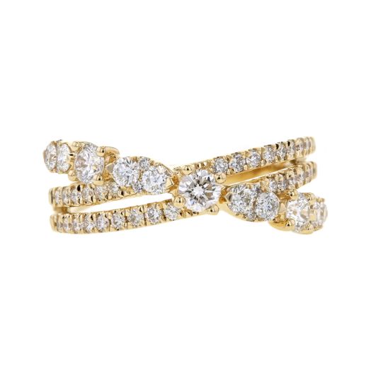 yellow gold band set in a criss-cross, there overlapping sections each lined with multi-sized diamond rounds