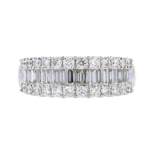 white gold band with baguette lined diamonds, accented with row white diamond rounds on top and bottom