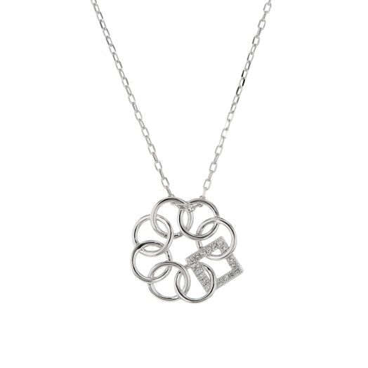 sterling silver necklace with interlocking circles and diamond accented square pendant