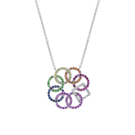white gold necklace with multi-colored sapphire accents interlocking circle pendant