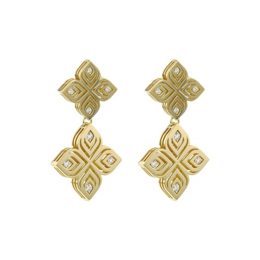 double flower dangle earrings with cutout design and diamond accents