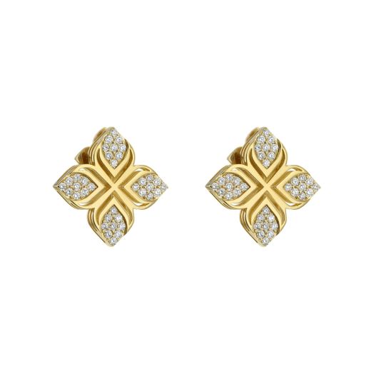 yellow gold stud earrings with flower design accented with petite diamond rounds