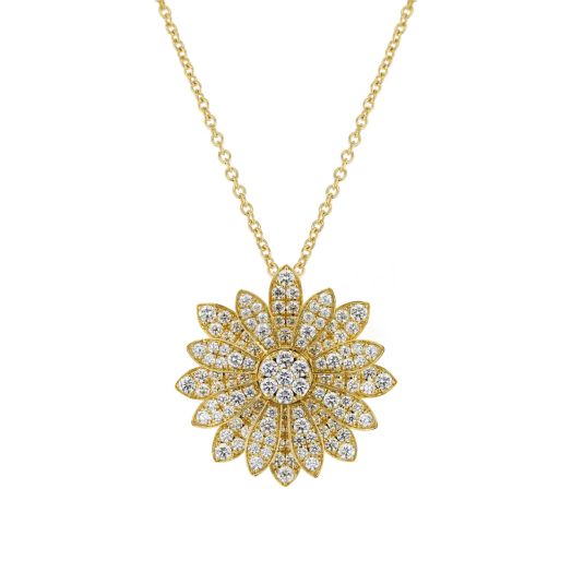 daisy-inspired pendant encrusted with pavé-set diamonds, suspended from an adjustable yellow gold chain