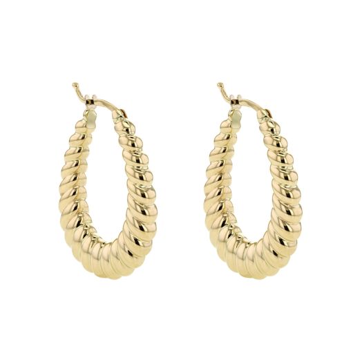 yellow gold shrimp earrings with open teardrop shap