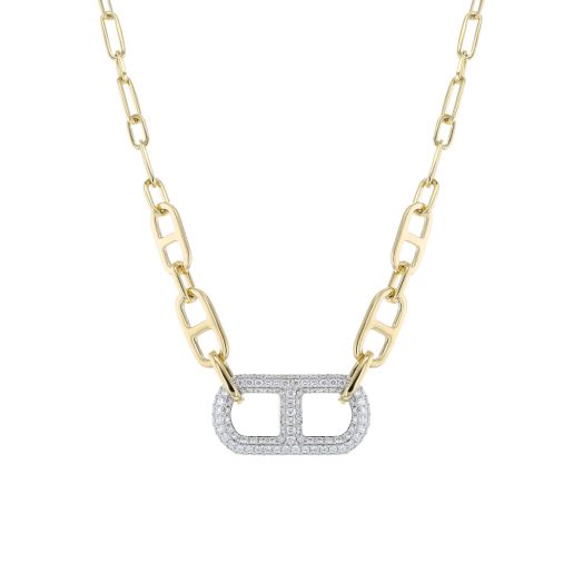 diamond accented link pendant suspended from yellow gold link chain necklace