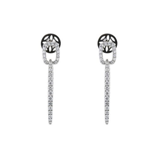 white gold earrings with interlocking links lined with diamonds.