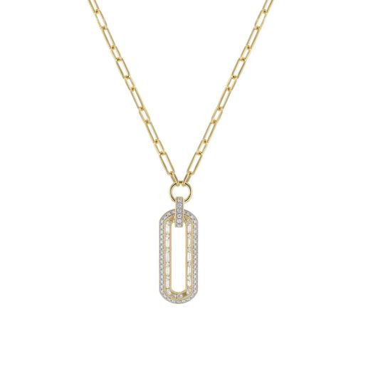 yellow gold chain link necklace with diamond lined bale and elongated medallion with open center, lined with baguette and diamond halos