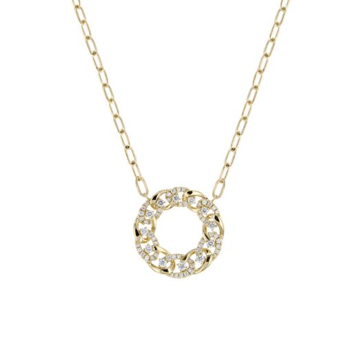 yellow gold chain necklace with interlocking link open circle, accented with diamonds