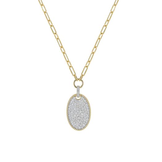 diamond accented oval pendant suspended from paperclip chain