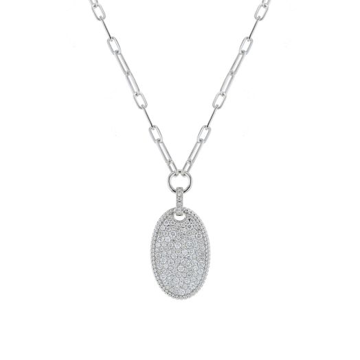 white gold link necklace featuring pave diamond oval pendant