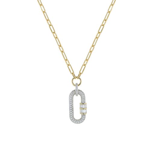 yellow gold link necklace with diamond accented pendant carabiner lock