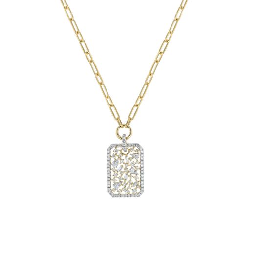 yellow gold paperclip chain necklace with medallion pendant, lined with diamonds on bale, round and baguette diamonds float in white diamond halo