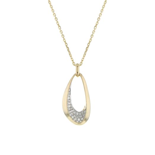 Yellow gold teardrop pendant necklace encrusted with diamonds