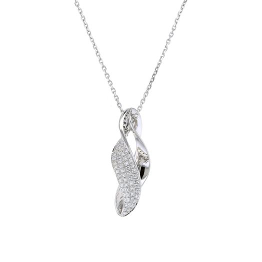 white gold necklace with freeform twisted pendant accented with four rows of diamond rounds