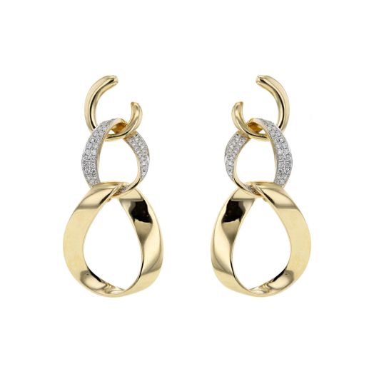 yellow gold earrings with push back closures with an open wrap top link, linked to that is a unique twist link accented with diamonds, linked with a larger twisted link