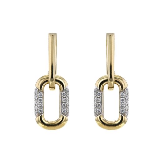 yellow gold interlocking dangle earrings with diamond accents