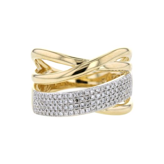 yellow gold ring with intertwing bands, one band accented with four rows of petite diamond rounds
