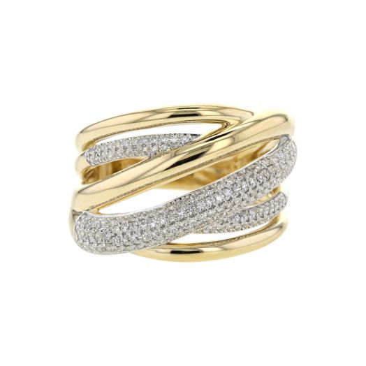 yellow gold ring with multi intertwining bands accented with diamonds