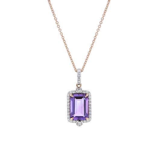 rose gold link necklace with amethyst pendant set in diamond halo featuring halos on the bale