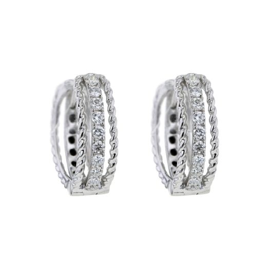 white gold earrings with one row of diamond rounds split framed with twist detailing