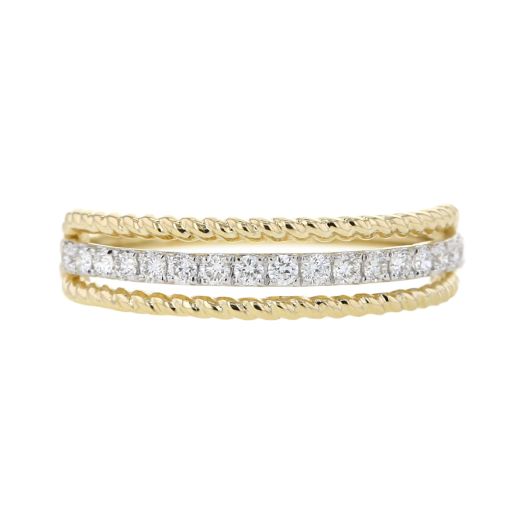 yellow gold ring with three rows, the middle row is lined with white diamond rounds and the top and bottom rows feature a golden twisted rope design
