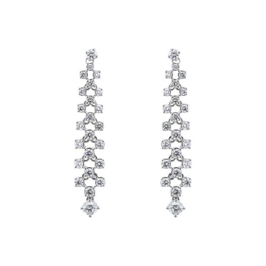 white gold dangle earrings with diamond rounds alternating in a x fashion and ending in white diamond rounds
