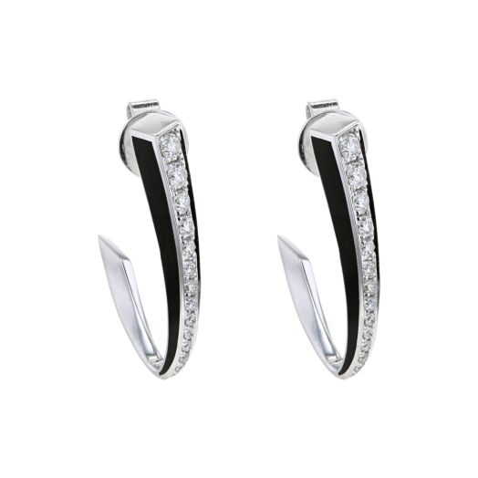 Diamond j-hoop earrings with black enamel details