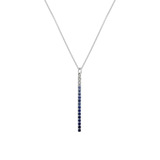 white gold mini link chain necklace with slim bar pendant lined with white diamond rounds and an ombre of blue sapphire rounds