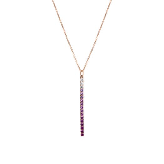 rose gold mini link chain necklace with slim bar pendant lined with white diamond rounds and an ombre of pink sapphire rounds