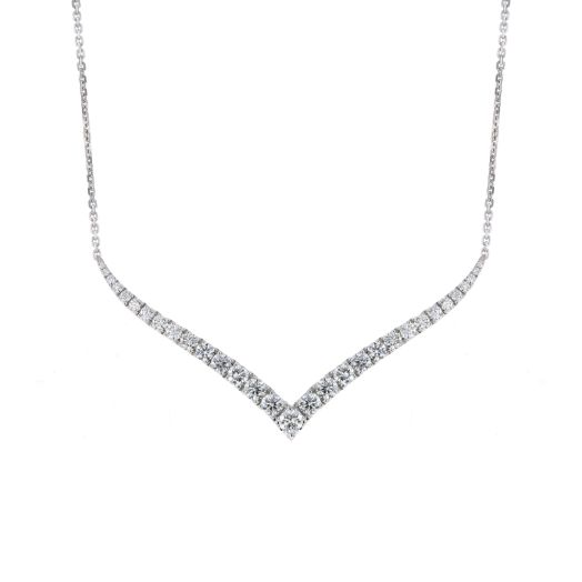 white gold necklace with graduated soft v bar accented with multi-sized diamonds