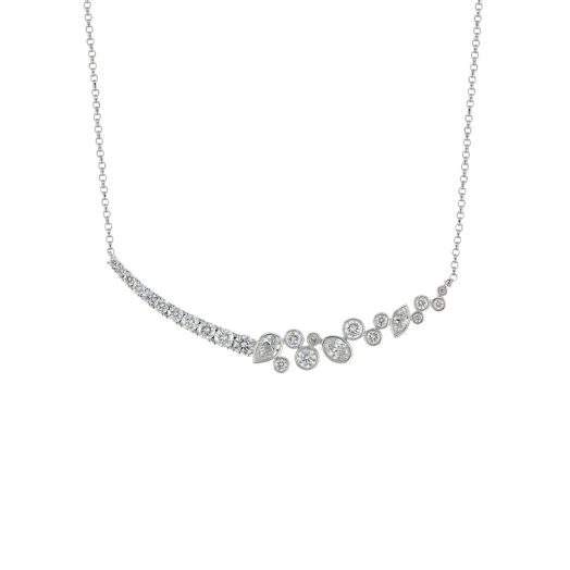 white gold necklace with curved bar, half in graduated diamonds, half in bezel-set diamond shapes