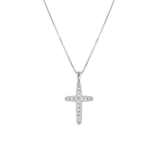 Floating diamond cross pendant necklace crafted in white gold
