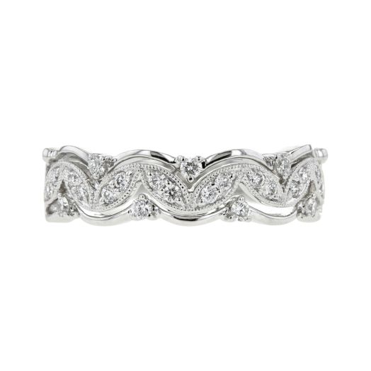 white gold ring with swirl shaped band, lined with diamond rounds and milgrain accented double diamond centers