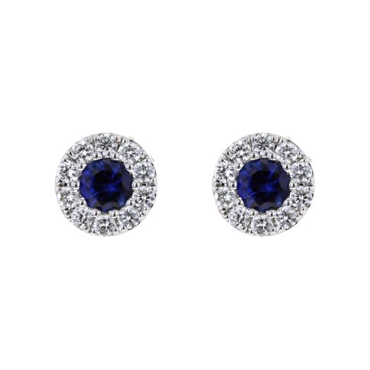 white gold stud earrings with round-cut blue sapphire center stones in a halo of white diamond rounds