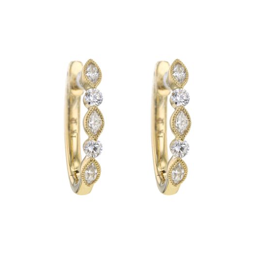 yellow gold hoop earrings lined with alternating diamonds, round-cut and milgrain accented marquise