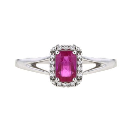 white gold ring with split shank, emerald-cut ruby centerstone set in halo of white diamond rounds