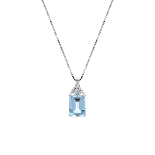 White gold box chain necklace with emerald cut aquamarine pendant, accented with trio of white diamond rounds