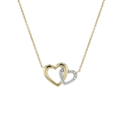 yellow gold necklace with two interlocking hearts, one smoothed and the other accented with diamond rounds