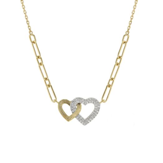 yellow gold heart with etched detailing interlocks with a diamond accented heart, suspended from mini link chain yellow gold necklace with paperclip chain detailing