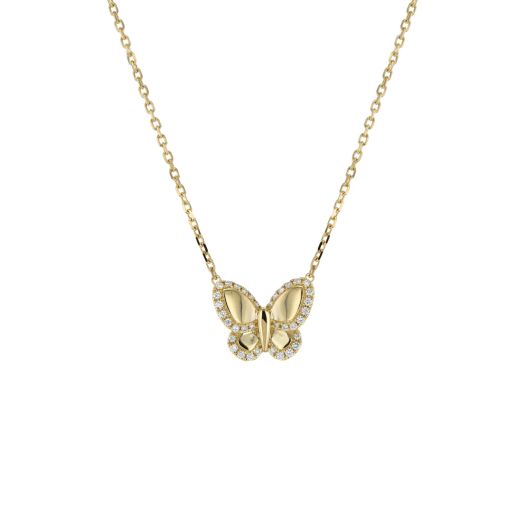 smooth golden butterfly lined with white diamond rounds suspended from yellow gold chain necklace