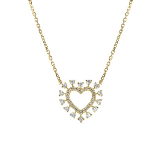 yellow gold chain link necklace with open heart pendant accented with diamonds and a halo of white diamond rounds in a sunburst formation