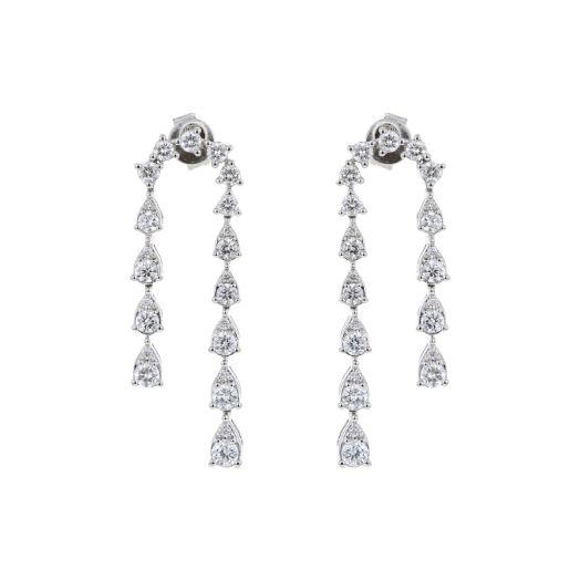 white gold stud earrings with a cascading display of white diamond rounds paired with a smaller diamond round to form pear-shaped designs, that create a unique upside-down U design