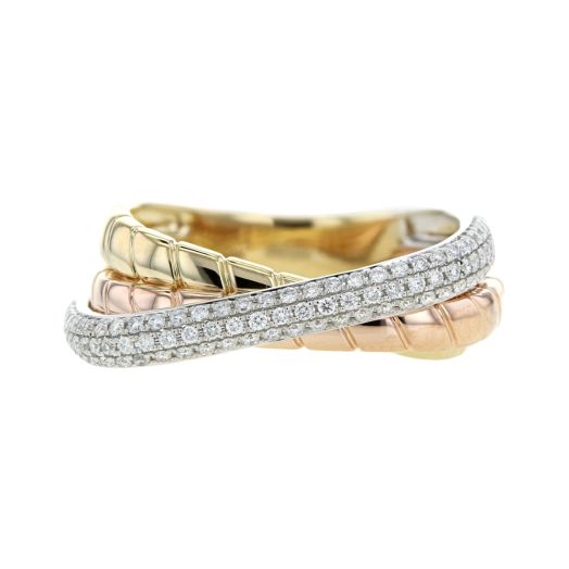 multi-colored crossover ring with rose, yellow and white golds intertiwing, white gold lined with three rows of sparkling diamonds