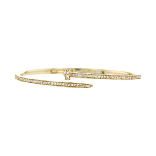yellow gold bypass bangle with a nail-inspired silhoutte, accented with petite diamond rounds