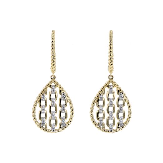yellow gold drop earrings with a twist rope design on the earring that extends to frame the tear-drop style drops, inside each is a link design accented with pave diamonds